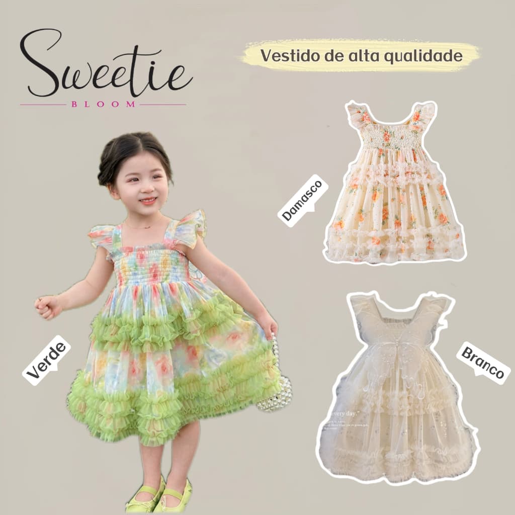 【SWEETIE BLOOM】Vestido Infantil Fresco de Tule Floral em Cores Pastéis para o Dia a Dia