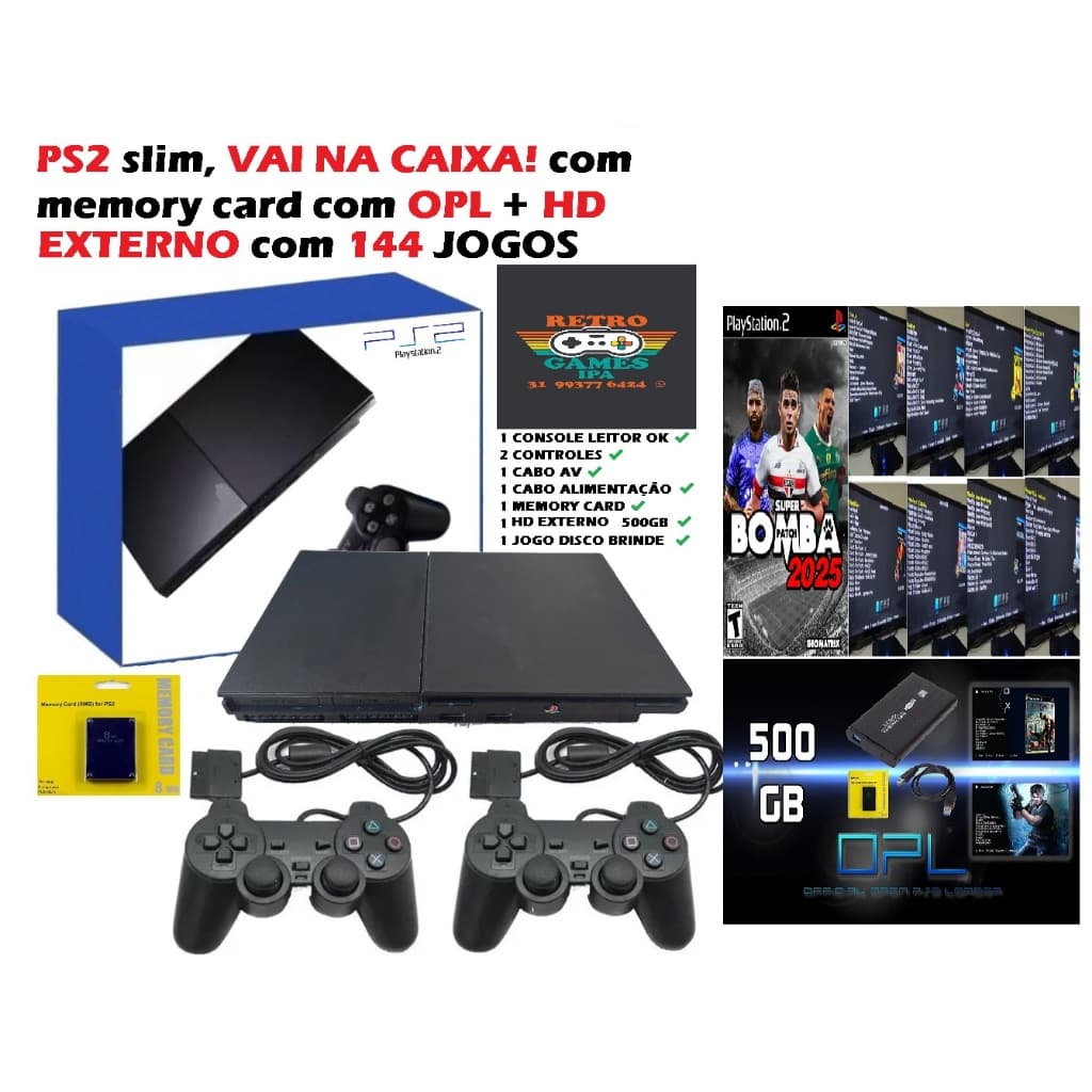 ps2 slim video game completo hd 500gb 2 controles jogos