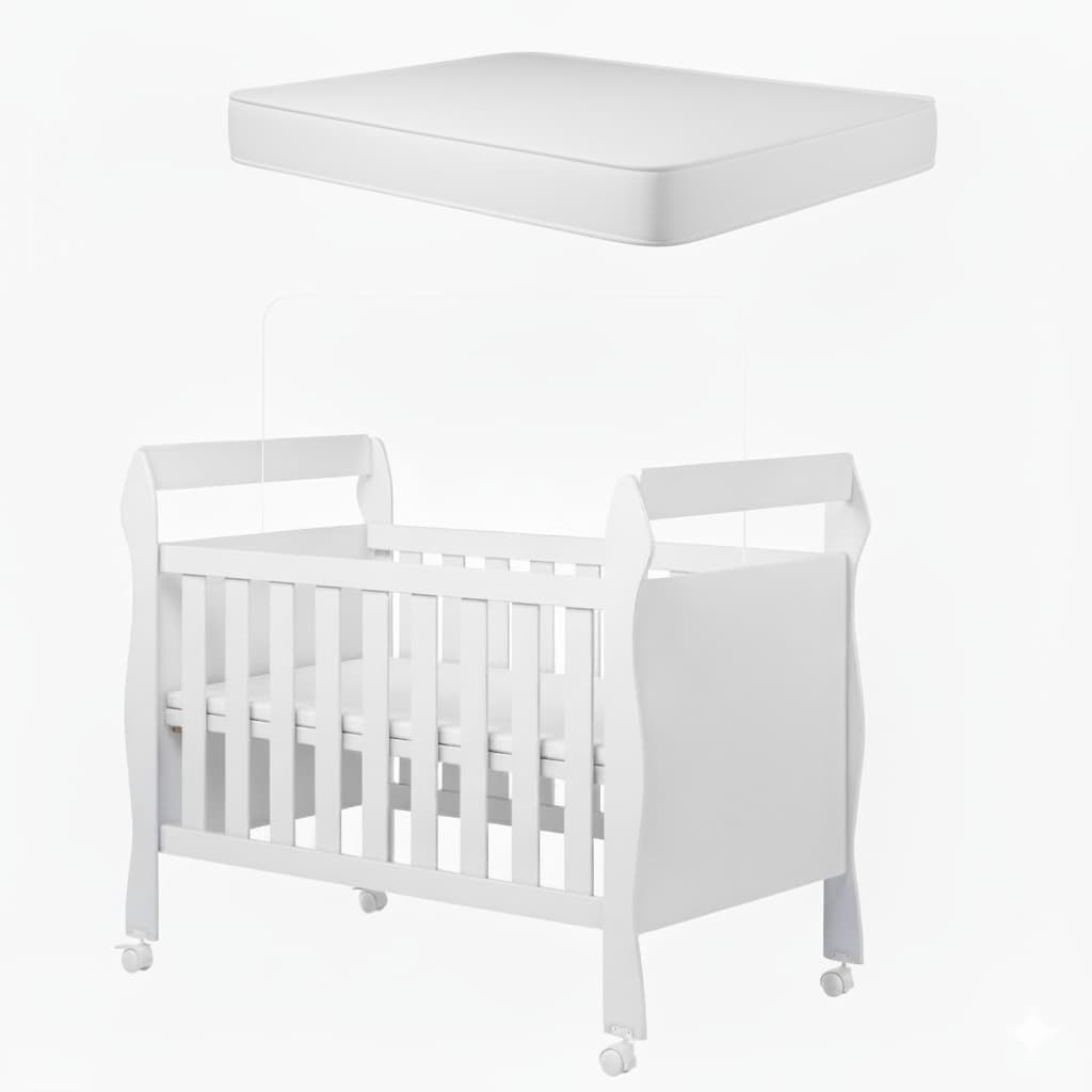 Berço Americano Infantil 100% MDF com Colchão 120x60 Branco Rodinhas Suporte Mosquiteiro Bebe baby