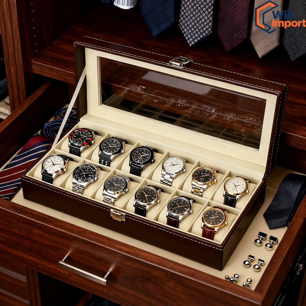 Porta Relógio Total Luxo Estojo Couro Ecológico 12 Nichos