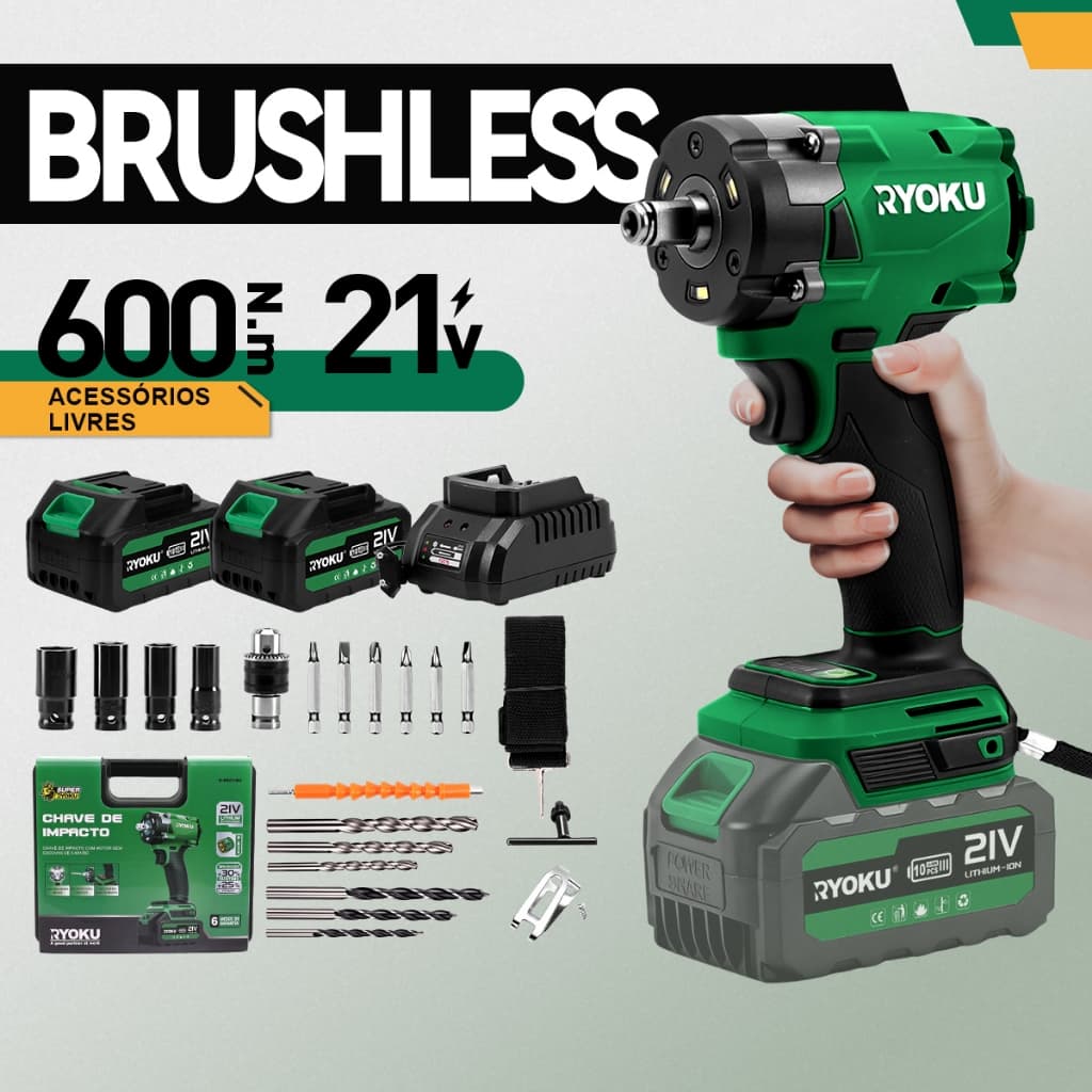 Chave De Impacto Brushless 600 Nm 2 Baterias 21v Sem Fio Com Maleta