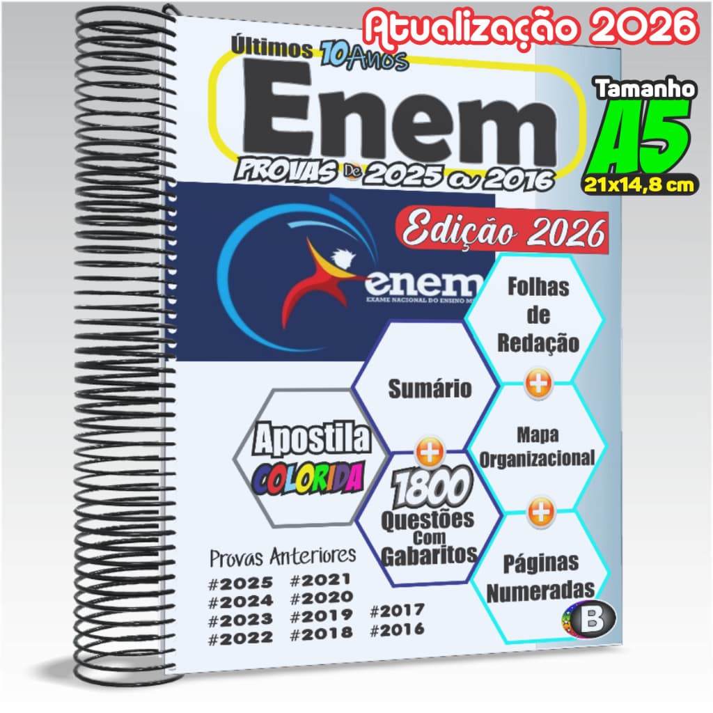 Apostila ENEM 2026 no Tamanho A5 (21x14,8 cm) Provas E Gabaritos Oficiais Últimos 3, 5 ou 10 Anos