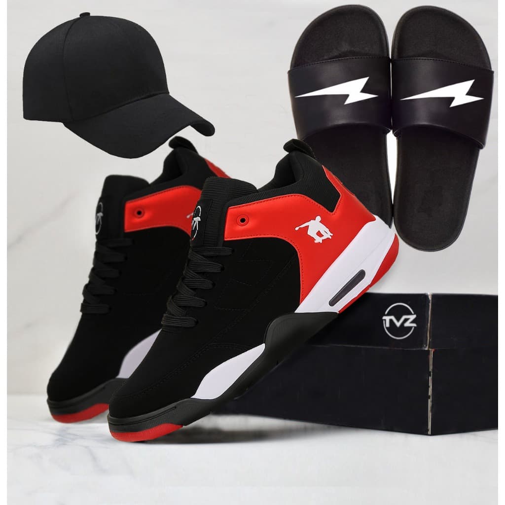 Tenis masculino botinha 4 basquete + chinelo + bone