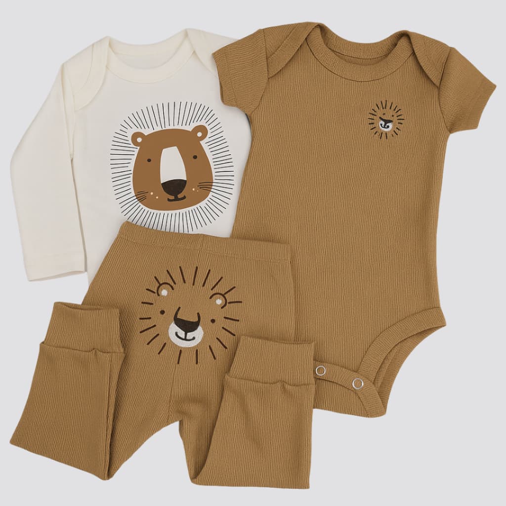Conjunto Bebê Menino Algodão 3 Peças – Body longo Estampado + Body curto Bordado + Calça Bordado