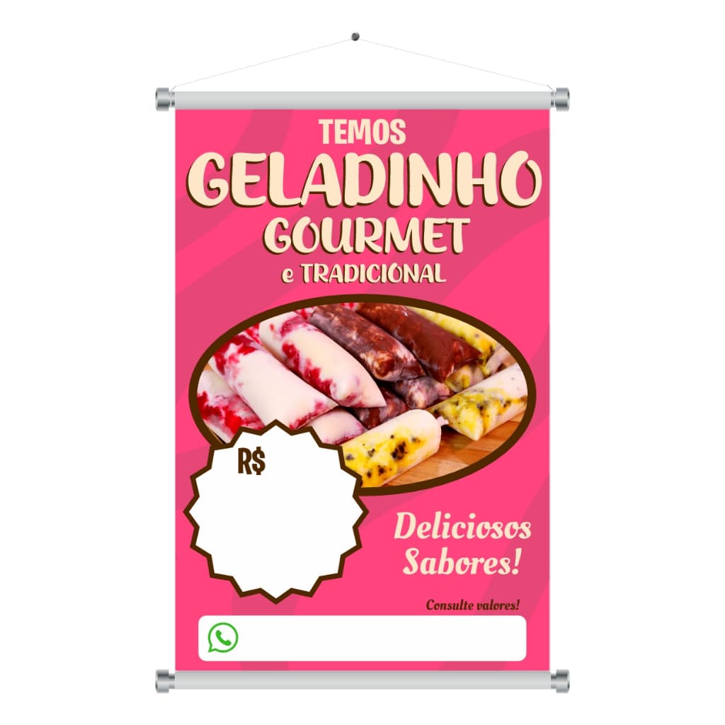 Banner Geladinho Gourmet - Banner em Lona para Sorveteria Sacole Juju Dindin Picolé MD03