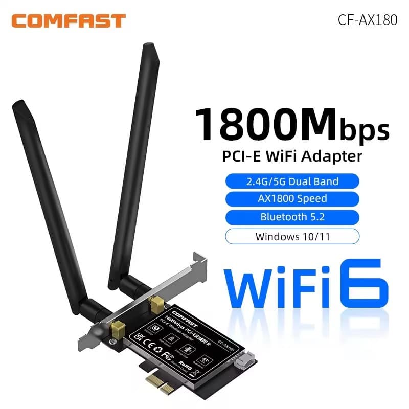 Comfast wifi 6 ax1800 adaptador pci-e sem fio adaptador de banda dupla 2.4g/5g bluetooth 5.2 802.11ax rede wi-fi