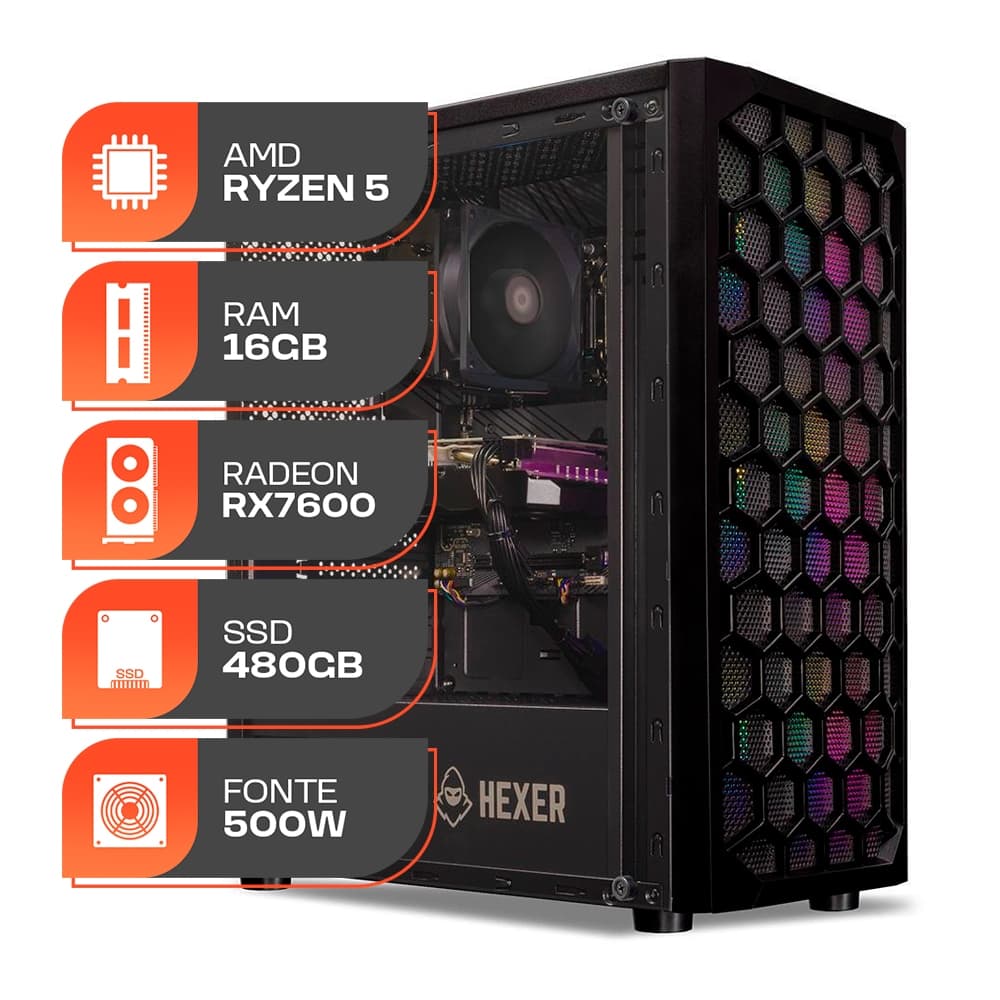 PC Gamer Spectrum, AMD Ryzen 5 5500, Radeon RX 7600 8GB, 16GB DDR4, SSD 480GB, Fonte 500W 80 PLus