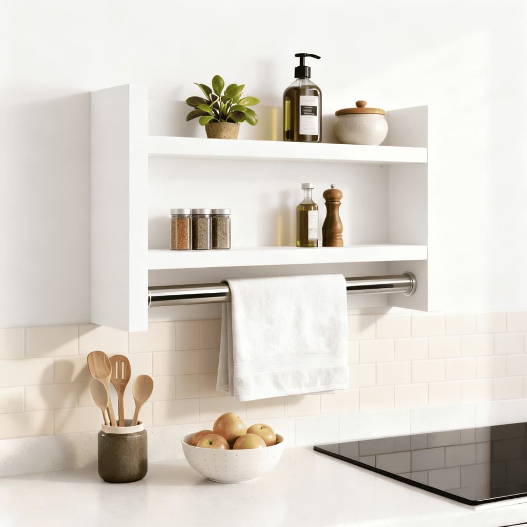 Nicho Porta Tempero Condimentos e Toalha com Prateleira Organizador Branco Preto Tubo Metal P/ Cozinha