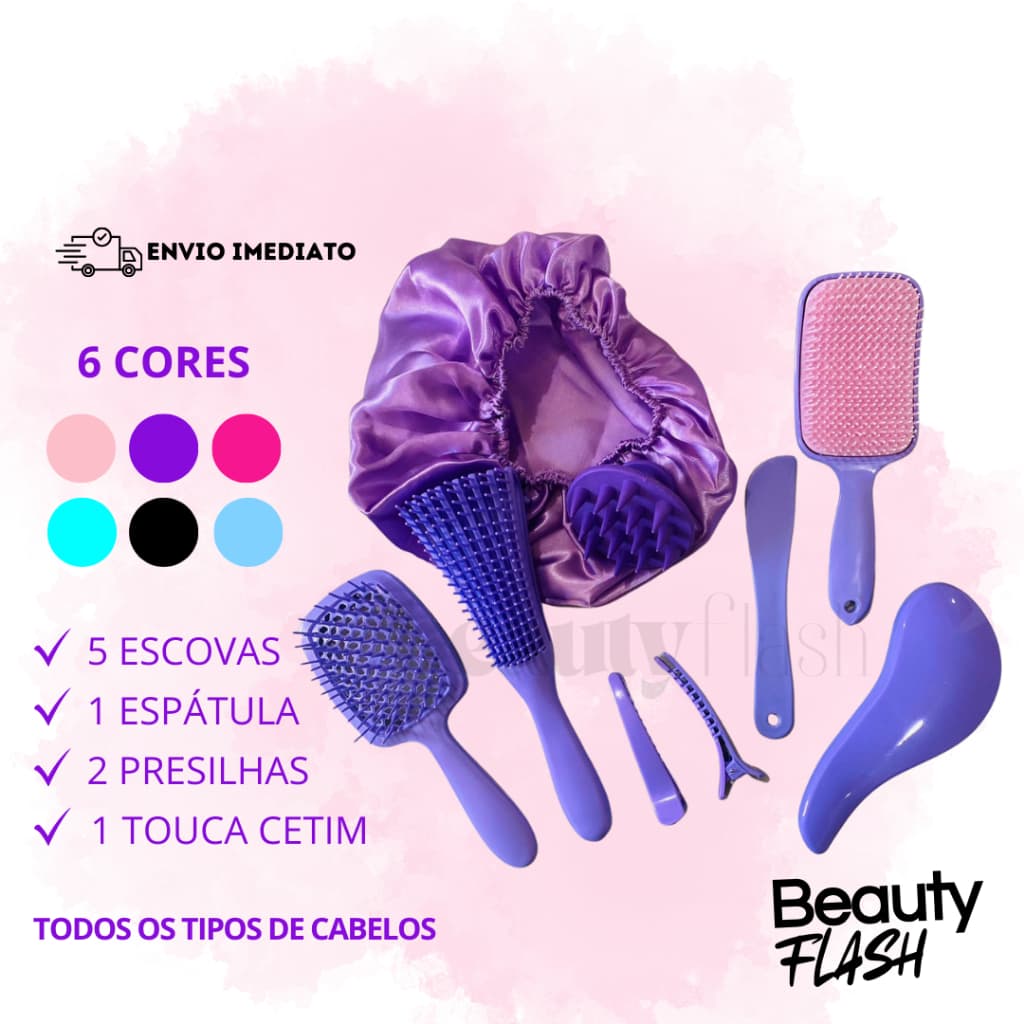 Kit 05 Escova Raquete Flex Escova Mágica e Polvo Massageador de Silicone Touca de Cetim Beauty Flash