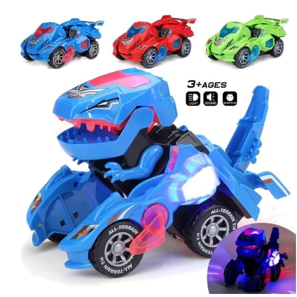 Carro Transforma Vira Robô Dinossauro Dino T-rex Bate Volta Som Luz Carrinho de Brinquedo Musical