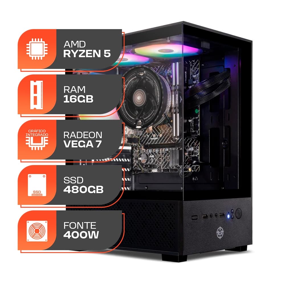PC Gamer Forge, AMD Ryzen 5 5600GT, 16GB DDR4, SSD 480GB, Fonte 400W 80 Plus