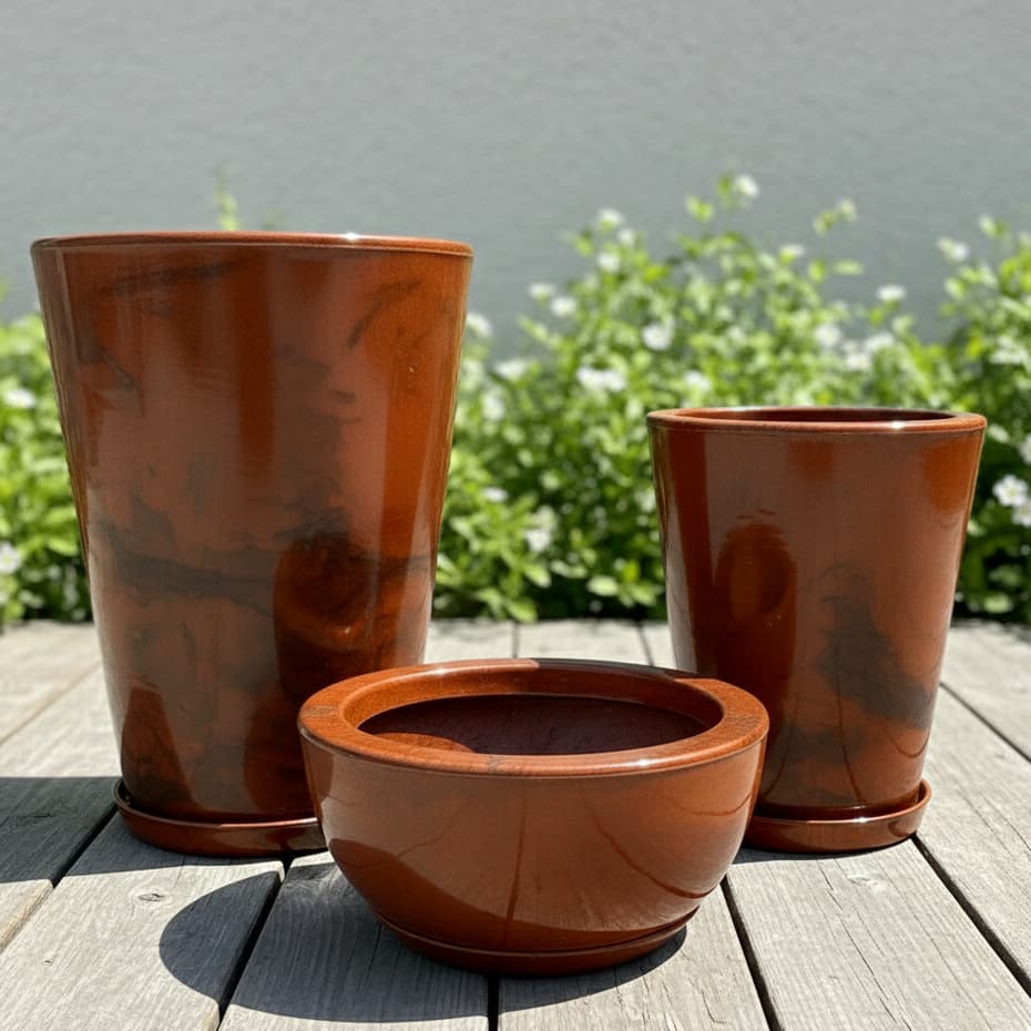 Kit 3 Vasos para Plantas em Polietileno Marmorizado Coluna Redonda N1,N2 + Bacia N1 Com Prato Coletor