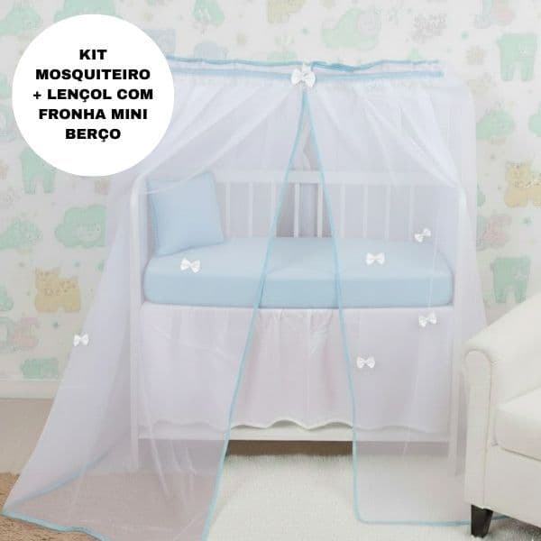 Kit Quarto Protegido 1 Mosquiteiro VOIL + 1 Lençol com Elástico MINI BERÇO e Fronha
