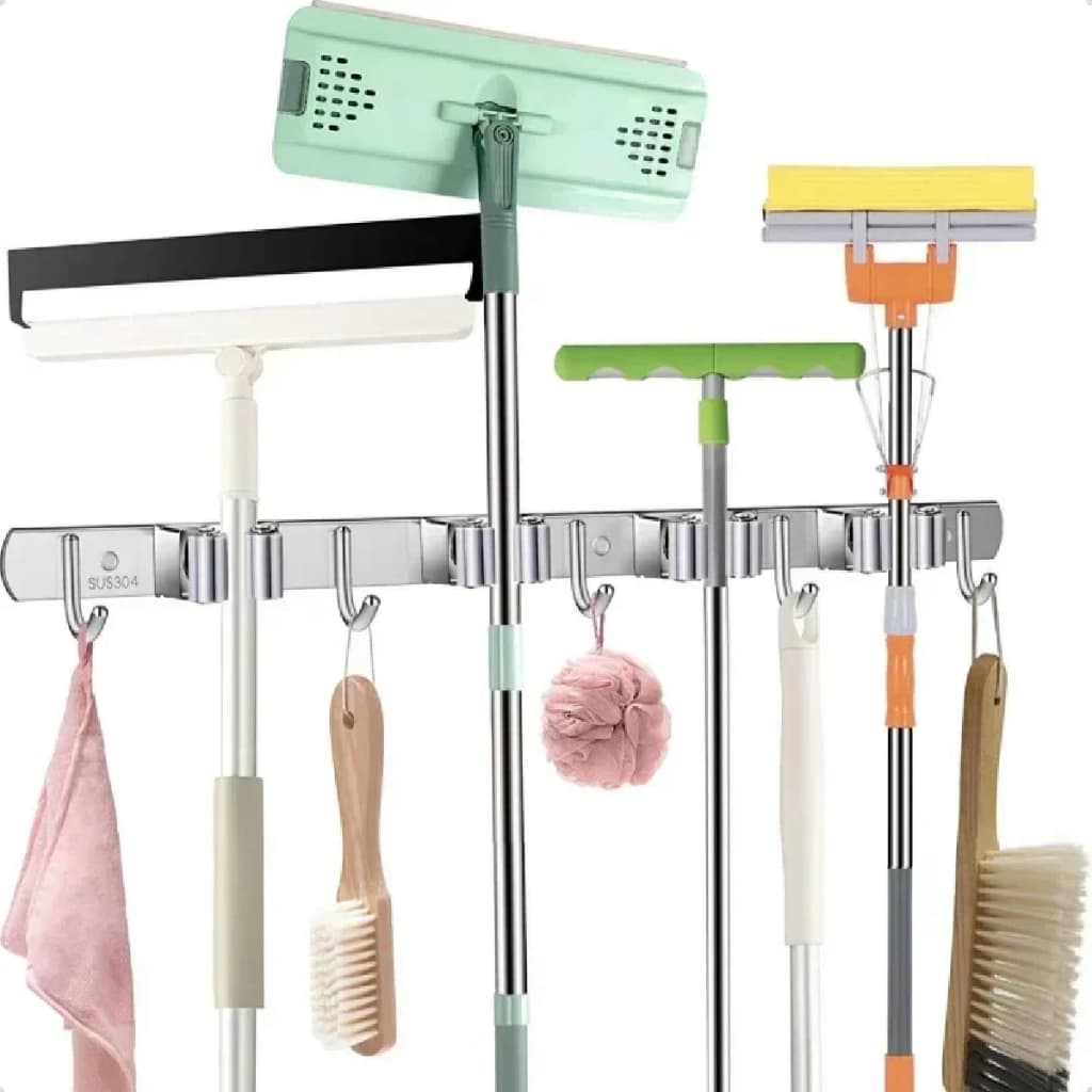 Suporte Vassoura Inox 9 Acessórios Grande Porta Vassoureiro Design Moderno E Organizador Ambientes