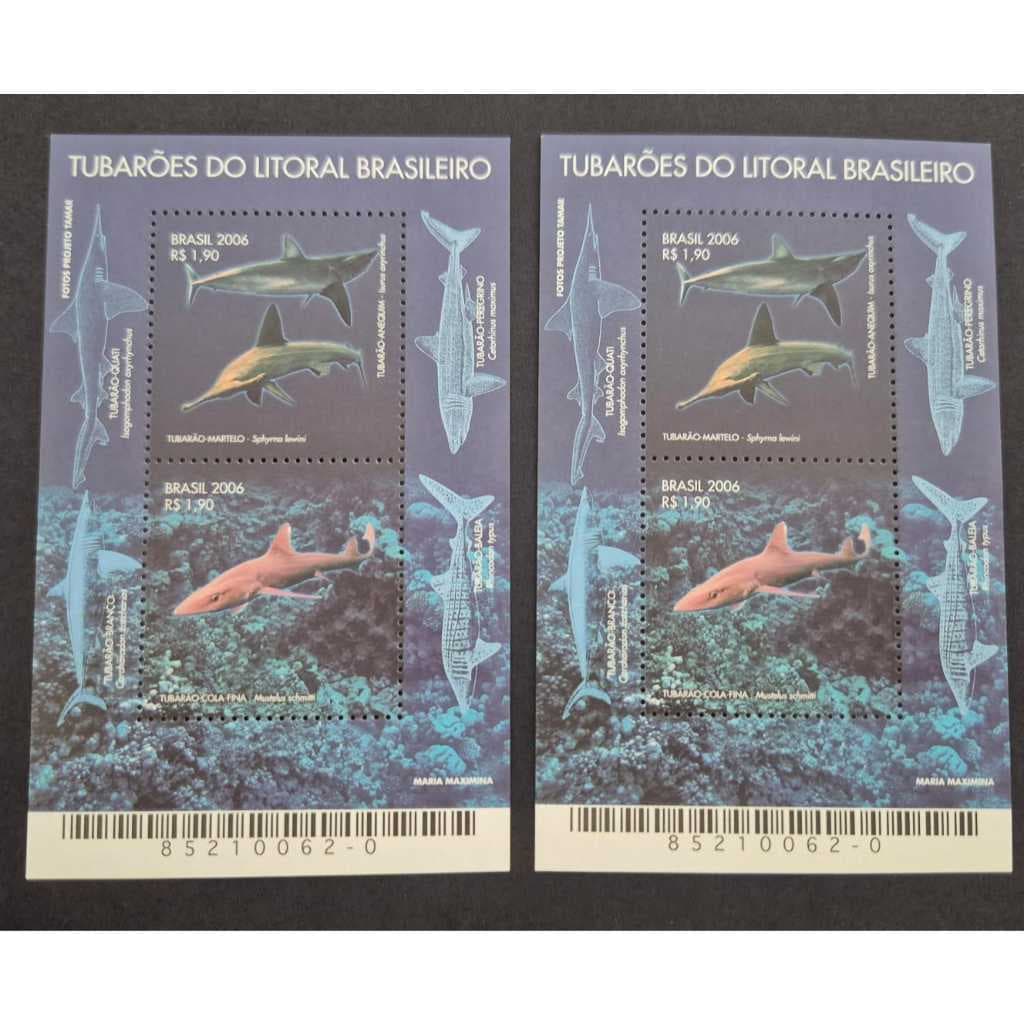 Bloco selos dos correios - Brasil 2006 - Tubarões do Litoral Brasileiro - Código RHM B144.