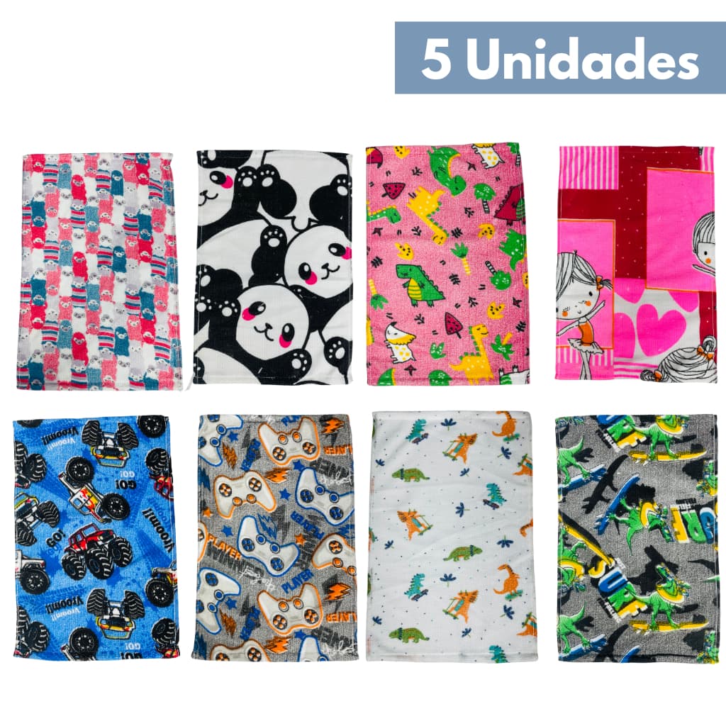 Kit 5 Toalhas Lavabo Escolar Infantil Boca e Mão Desenhos 28x45