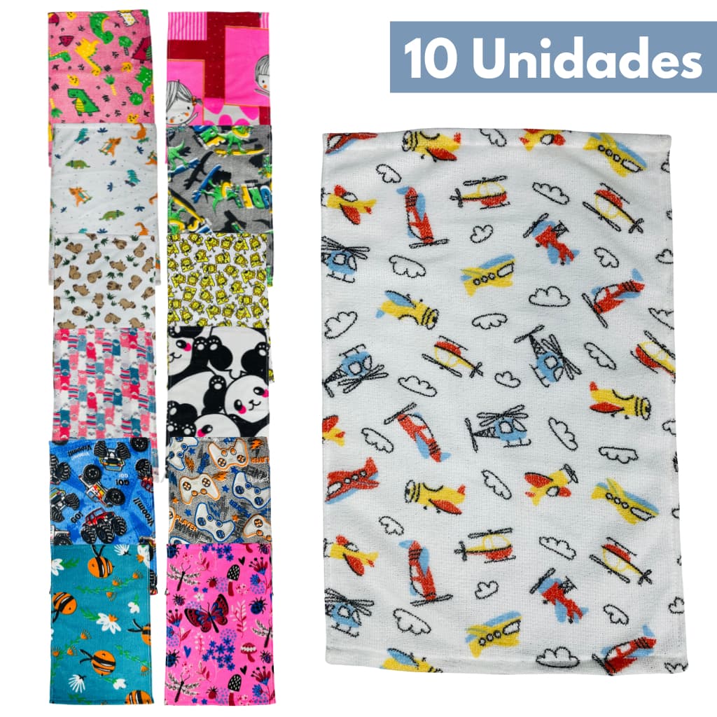 Kit 10 Toalhas Lavabo Escolar Infantil Boca e Mão Desenhos 28x45