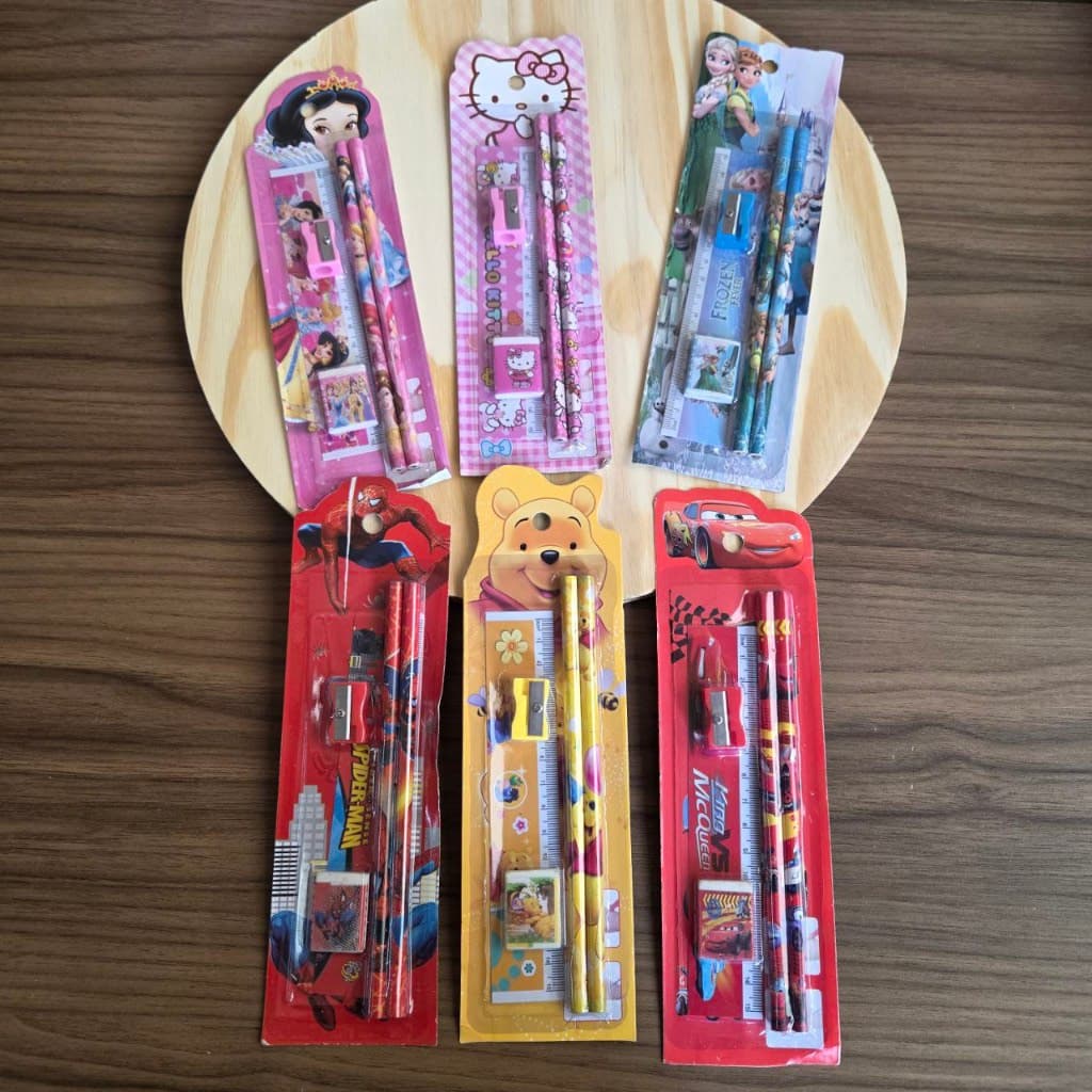 Kit Lápis + borracha+ apontador+regua  Hello Kitty , homem aranha, frozem, ursinho pooh , carros, princesas