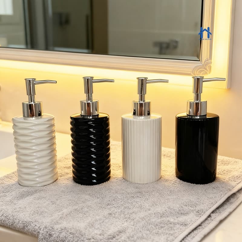 Frasco Porta Sabonete Liquido 350ml Ceramica Branca Redondo Válvula Prata para Banheiro