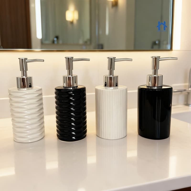 Frasco Porta Sabonete Liquido 350ml Ceramica Branca Redondo Válvula Prata para Banheiro