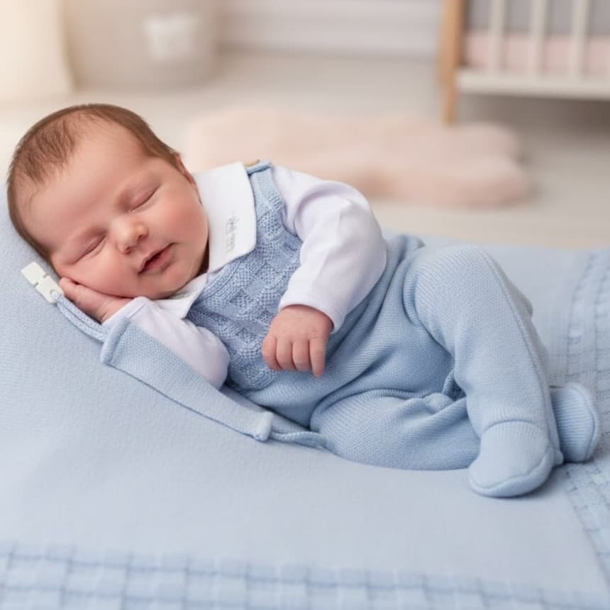 Kit Saída Maternidade Bebê Menino em Tricô Manta + Body + Jardineira + Prendedor de Chupeta