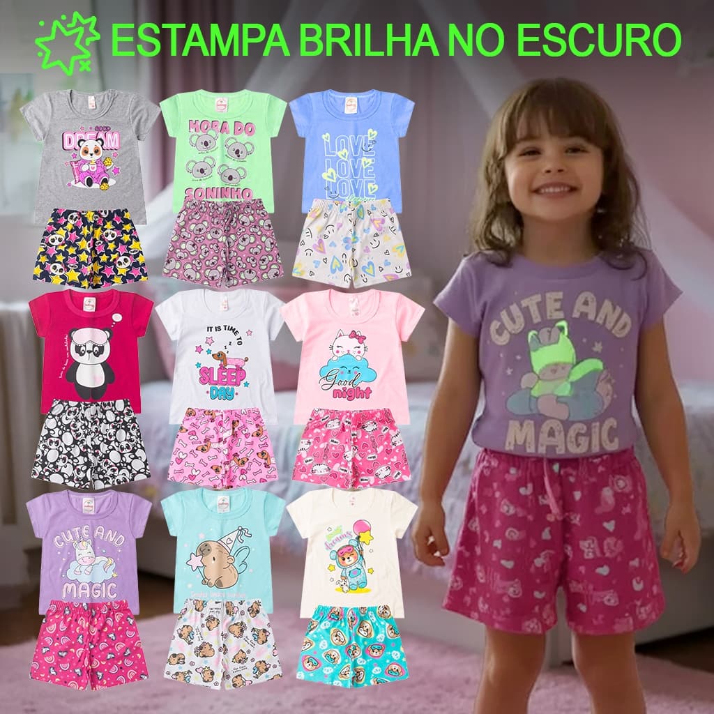 Kit 2 ou 4 Peças Pijama Infantil Brilha no Escuro Menina Verão Roupa Infantil Feminino