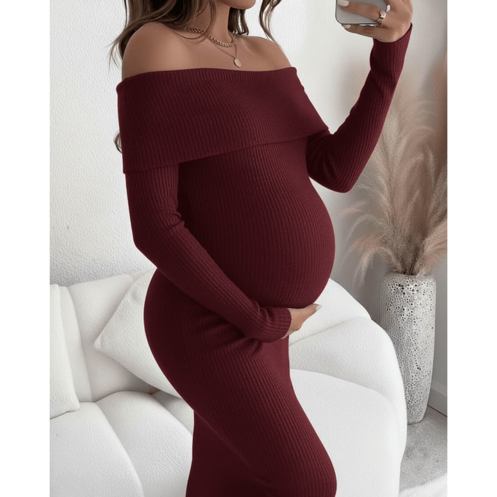 Vestido Gestante Longo Casual Canelado Ombro A Ombro Elegante Maternidade Ciganinha Gravida Gravidez