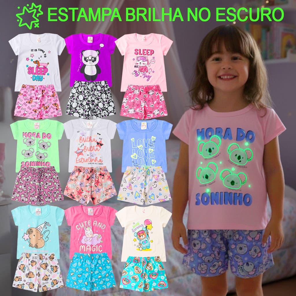 Kit 2, 4 ou 6 Peças Pijama Infantil Brilha no Escuro Menina Verão Roupa Infantil Feminina