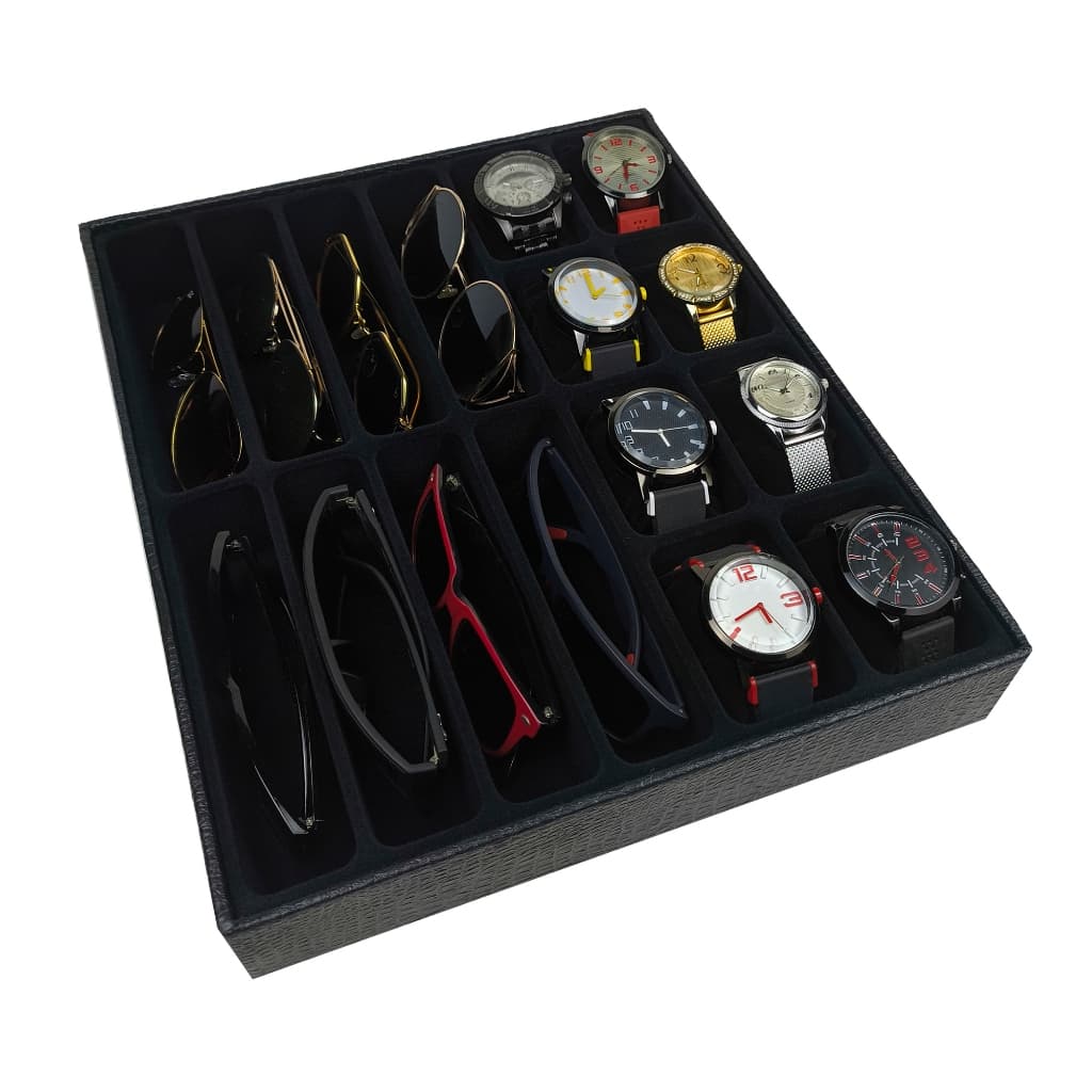 Bandeja Organizadora para 8 Relógios e 8 Óculos Preto com Interno Aveludado PRETO