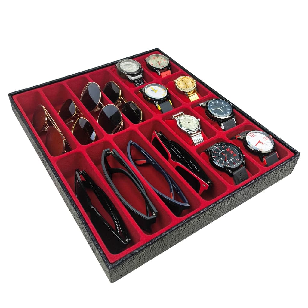 Bandeja Organizadora para 8 Relógios e 8 Óculos Preto com Interno Aveludado Vermelho