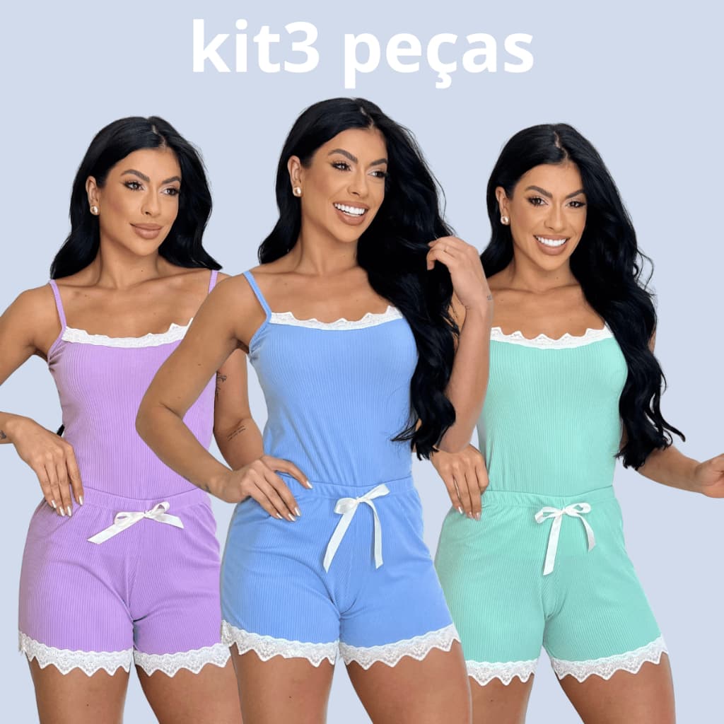 Kit 3 Pijamas Baby Doll Sexy Short Doll  Canelado Feminino Detalhe de Renda luxo Premium