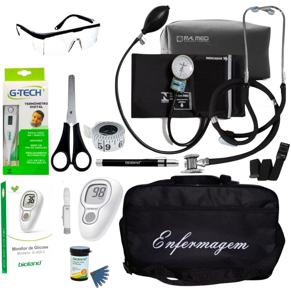 Kit De Enfermagem Preto  Com Glicossímetro Completo