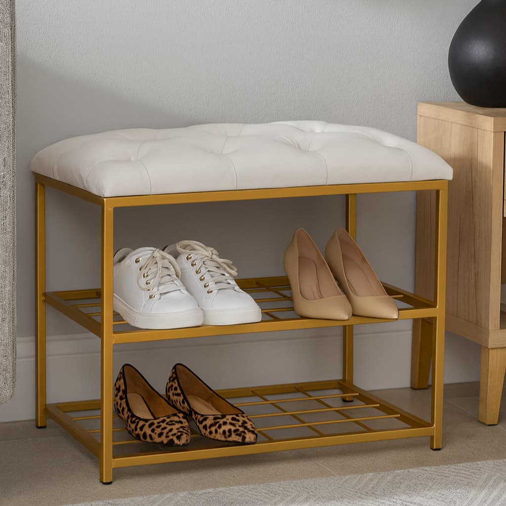 Sapateira Banco 2 Andares 47x30x60cm Metal Dourado com Assento Estofado Veludo Organizador Entrada Quarto Closet