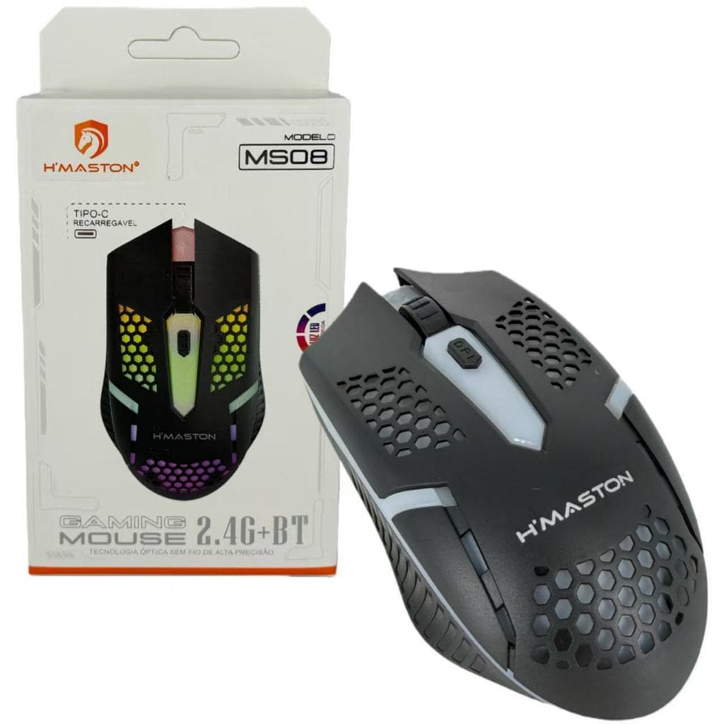 Mouse Gamer H’Maston MS08 Sem Fio 2.4G Ou Bluetooth RGB Recarregável Tipo-C Alta Precisão 1600 DPI
