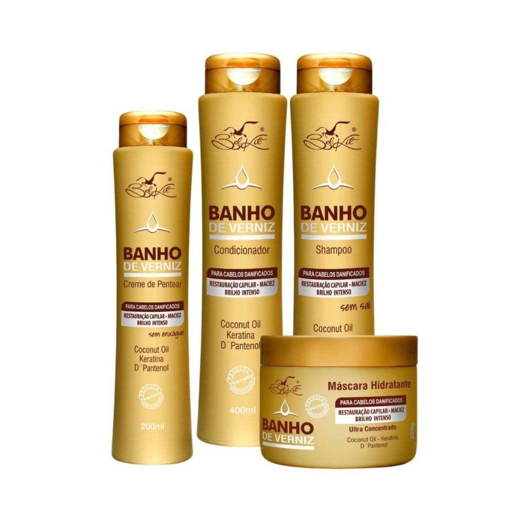 Kit Banho Verniz Belkit 4 Produtos Shampoo Condicionador Máscara Leave-In Hidratação Brilho Cabelos