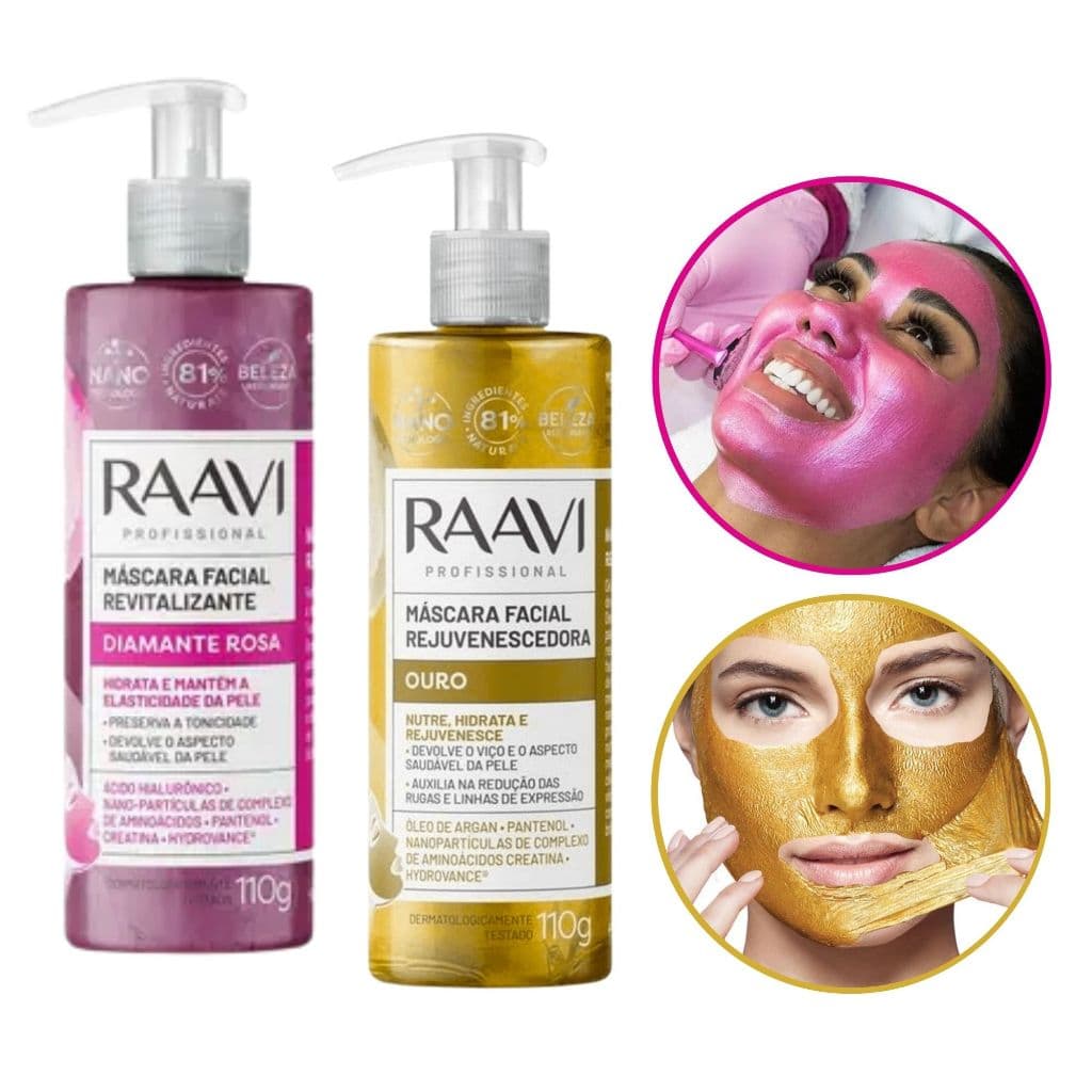 Kit Máscaras Faciais Raavi Ouro + Diamante Rosa 110g Skin Care
