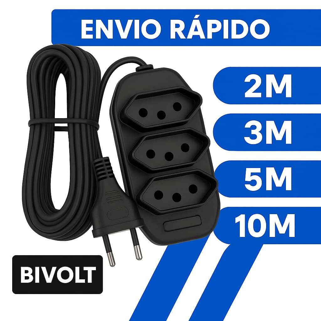 Extensão Elétrica  2, 3, 5, 10 (METROS) Bivolt - Tomadas Tripolares Preta