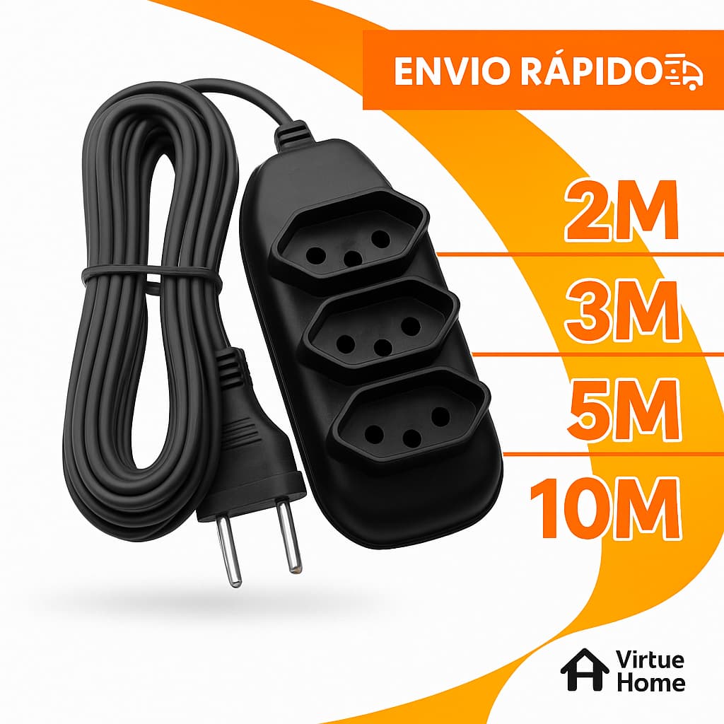 Extensão Elétrica 10, 5, 3, 2 Metros - BIVOLT 110/220V 10A Tomada Tripolares Resistente Preta