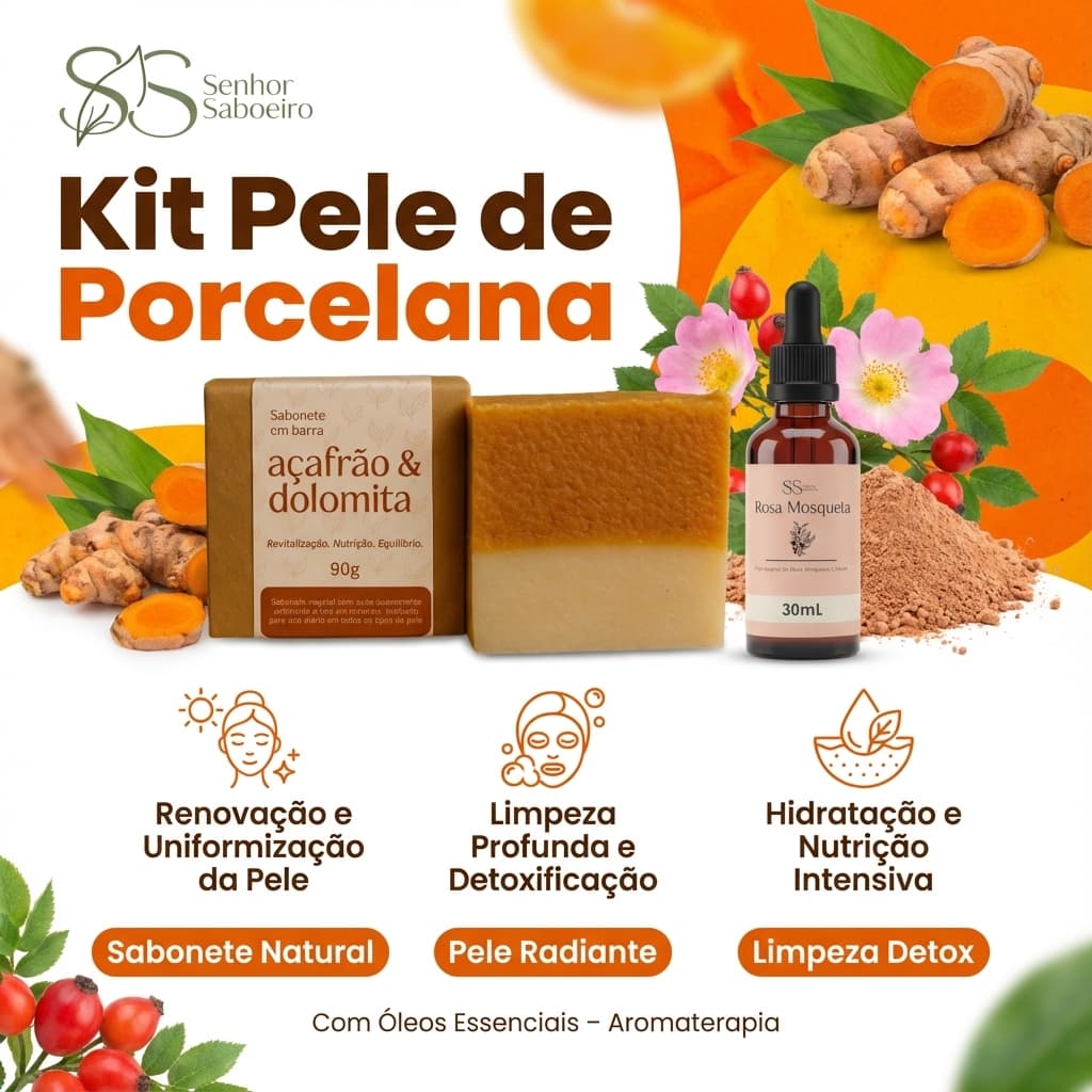 Kit Pele de Porcelana: Sabonete de Açafrão Dolomita + Óleo Rosa Mosqueta 30mL - Clareador Anti-Foliculite Anti-estrias