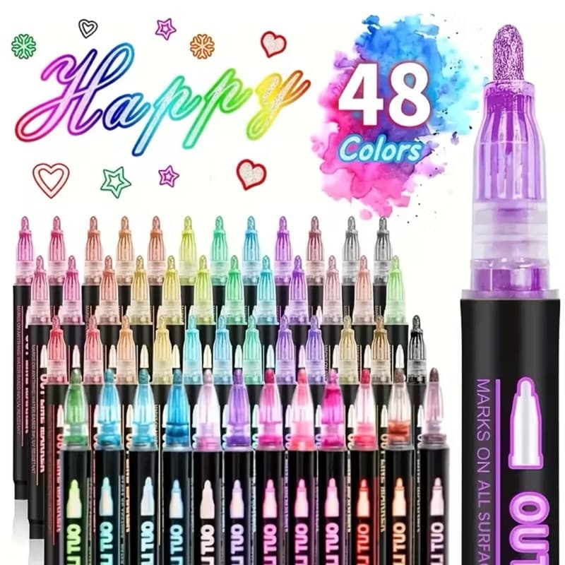 Novo Kit 12/24/36/48 Caneta Outline Marker Metálica Linha Dupla Arte Caneta Contorno