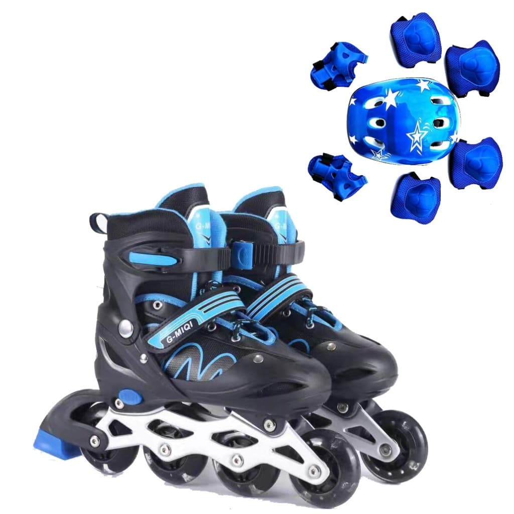 Patins Roller Inline Azul Ajustável Com Luz Com Kit Proteção Várias Cores E Tamanhos Promoção