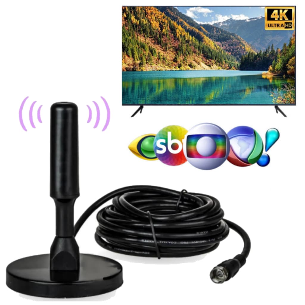 Antena Digital Amplificada Interna e Externa Resistente a Agua Cabo 5 Metros