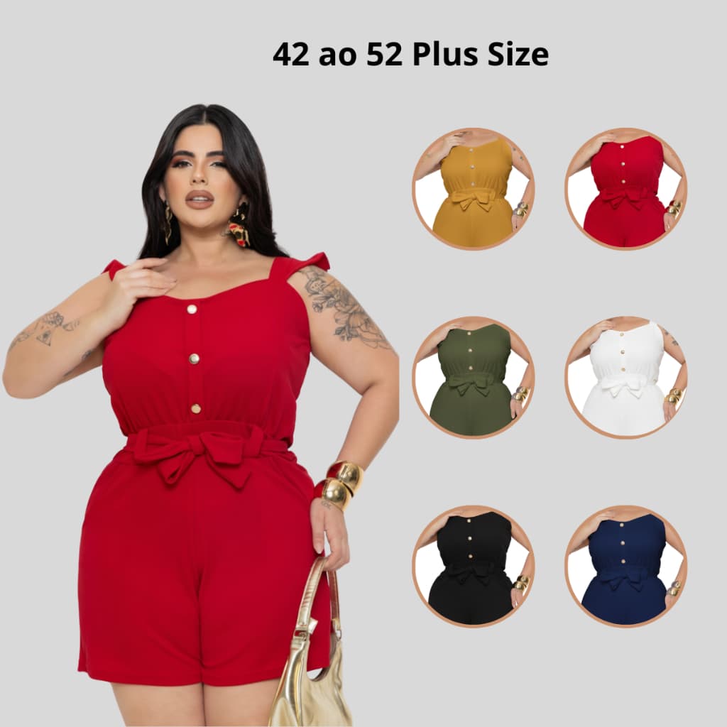 Macacão Curto Plus Size Feminino Soltinho Laço com Botões Macaquinho Verão Tendência Blogueira Moda Gringa