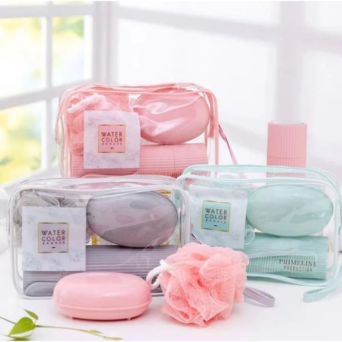 5 Peças Kit de Viagem Com Bolsa Porta Escova Pente Saboneteira e Ducha Compacto Para Viagem