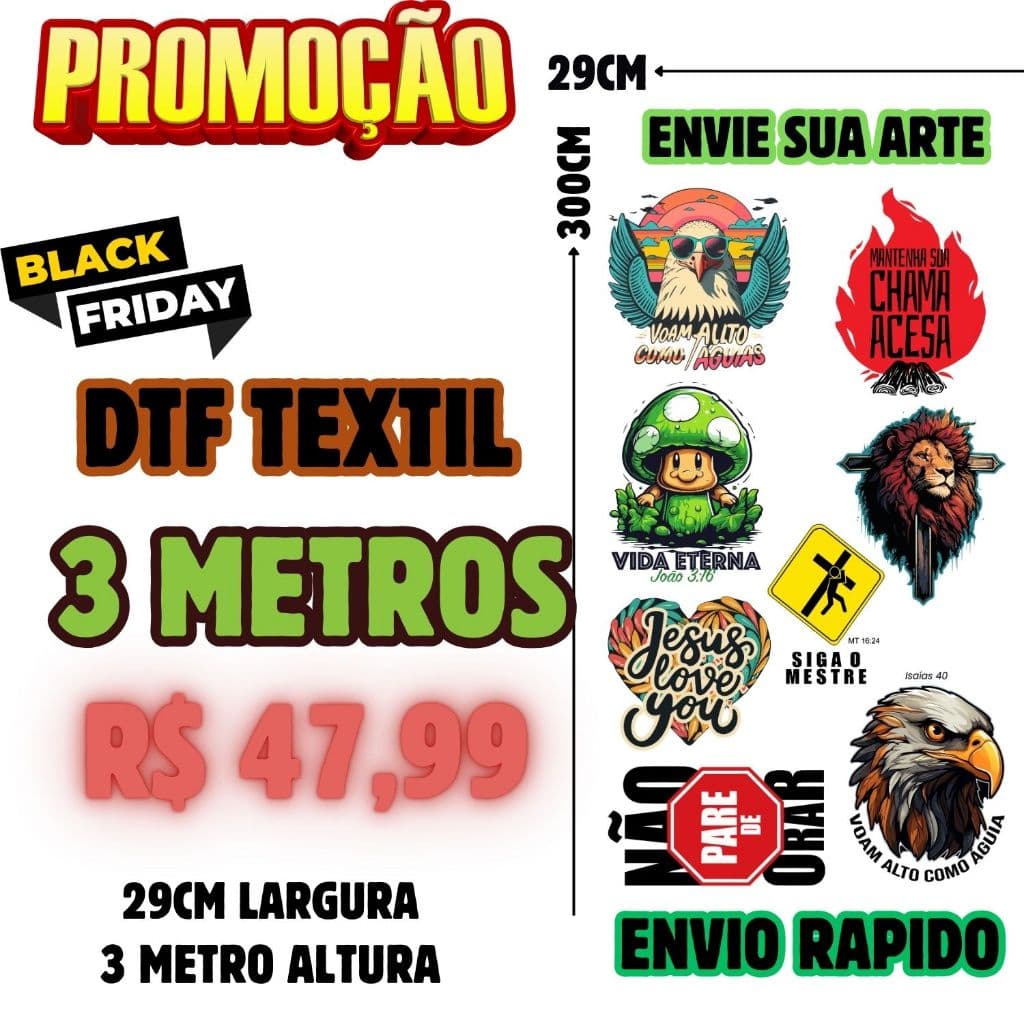 DTF Textil 3 Metros Promoção Envie Sua Arte 29Cm x 3 Metros Estampa Para Tecidos e Camisetas Envio Rapido
