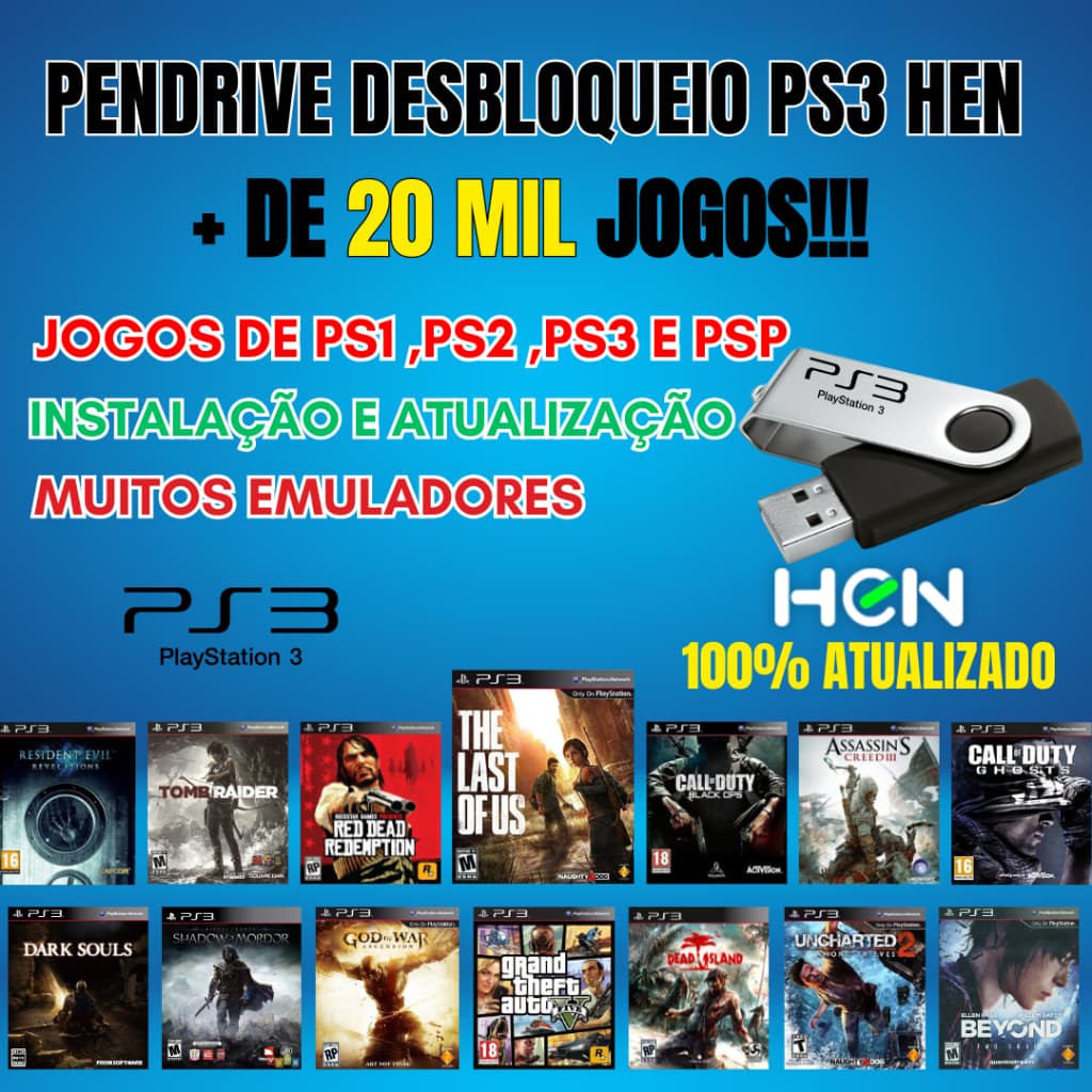 PENDRIVE DESBLOQUEIO PS3 HEN 4.93 ATUALIZADO + 20 MIL JOGOS + EMULADORES + ENSINAMOS INSTALAR