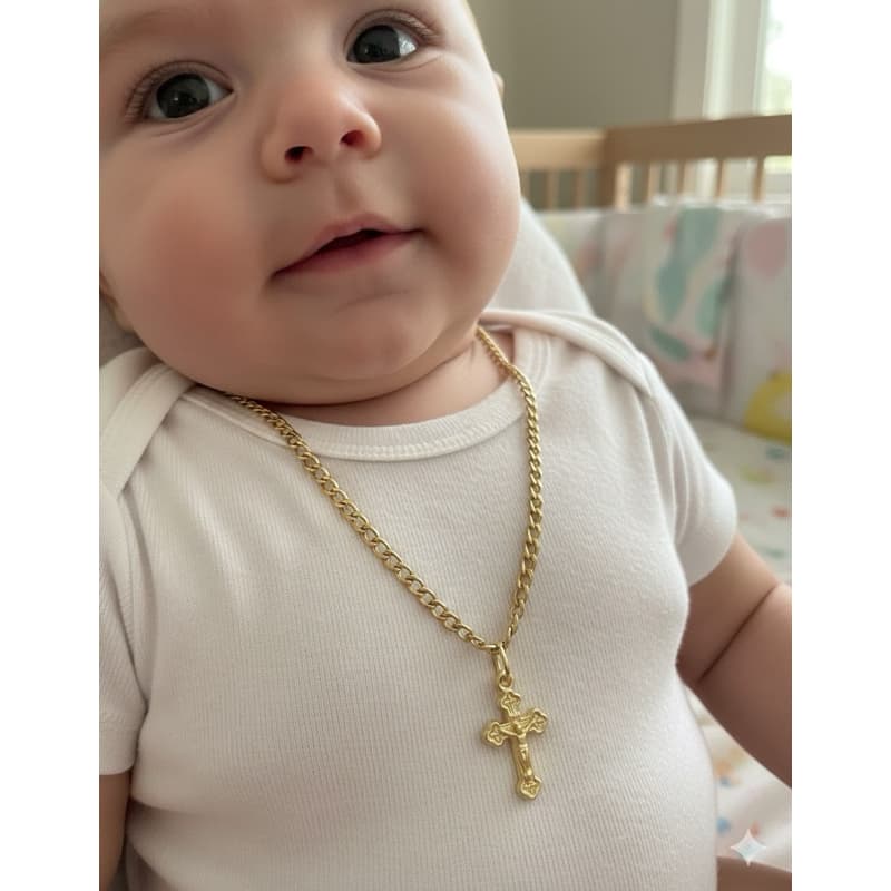 corrente baby bebê cruz religioso banhada a ouro aço inox