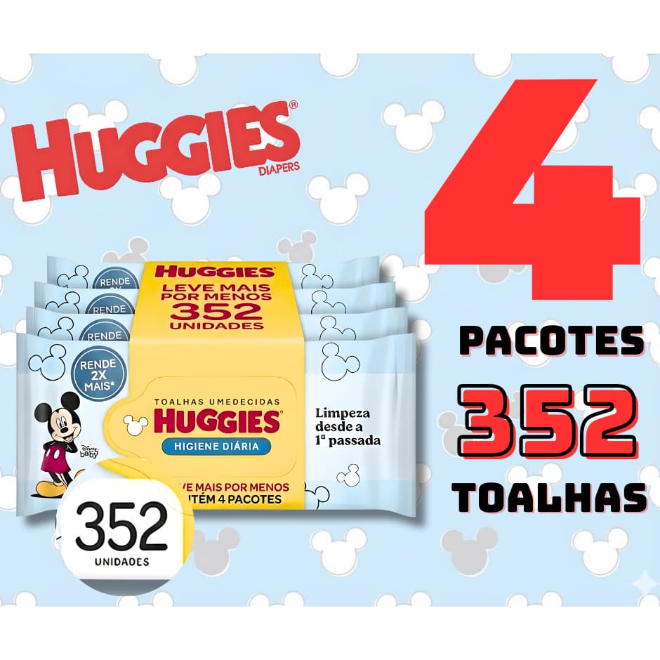 Kit c/4 Pacotes Lenços Umedecidos Huggies - 352 Toalhas - Higiene diária - Envio imediato