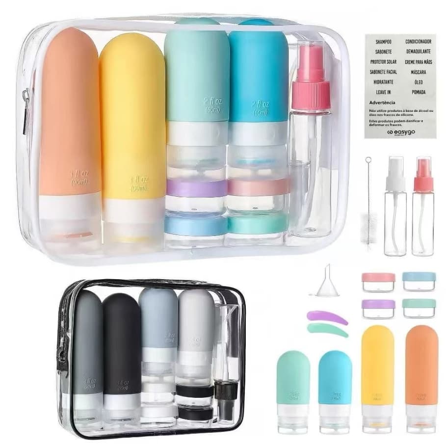 Kit Frascos Mala 14 Peças Viagem Organizador Cosmeticos Shampoo Creme Sabonete Em Silicone E Necessaire