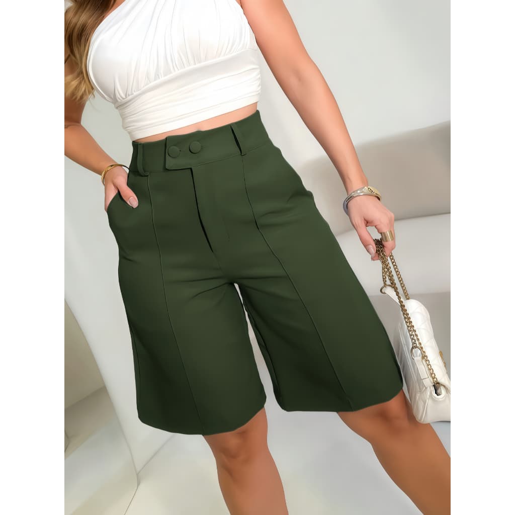 Bermuda Shorts Feminina/ cintura alta/ bolsos laterais/Com Dois botao Tecido De Alfaiataria Tamanho P M G GG G1 G2 G3